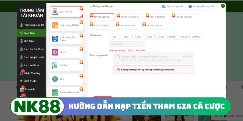 Hướng dẫn nạp tiền tham gia cá cược