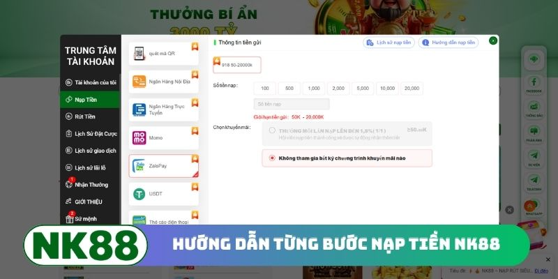 Hướng dẫn từng bước nạp tiền NK88