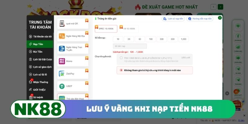Lưu ý vàng khi nạp tiền NK88